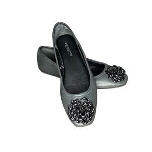 London Fog Collection Ballet Flats Embellished‎ Flower Detail Shoes Black 7.5M
